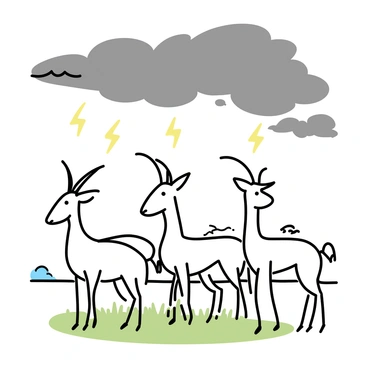A group of three gazelles standing alert in a grassy field. Their sleek bodies are poised with ears perked up, watching the sky. The sky above them is filled with dark, swirling clouds, hinting at an impending storm. Bright flashes of lightning occasionally illuminate the scene, casting shadows on the gazelles. The grass beneath them is green and slightly swaying in the wind, while a few distant trees can be seen on the horizon, creating a sense of depth.