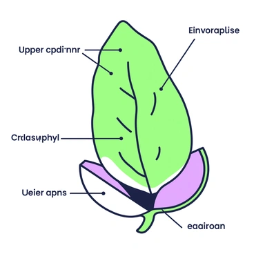 A scientific cross-section illustration of a turmeric leaf is presented. The leaf is elongated with a smooth, slightly wavy edge. The cross-section reveals multiple layers, including the upper epidermis, a thick mesophyll layer containing chloroplasts, and a lower epidermis. Small, green veins run throughout the leaf, showcasing the vascular tissue. The layers are clearly defined, allowing for an understanding of the leaf's anatomy. Labels indicating each part of the leaf structure are placed beside the respective sections.