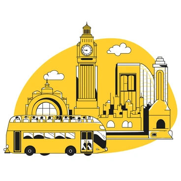 A yellow double-decker bus driving along a busy street, with the top deck filled with passengers enjoying the view. In the background, several iconic city landmarks are clearly visible, including a tall clock tower with a round clock face, a historic stone building with large arched windows, and a modern skyscraper with a reflective glass facade. The sky above is clear, emphasizing the vibrant atmosphere of the city.
