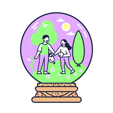 A crystal ball is placed on an ornate wooden stand. Inside the crystal ball, there is a scene depicting a secure and happy family future. A family of four is shown together in a lush green garden, surrounded by blooming flowers and a tall tree. The parents are smiling and engaging with their two children, who are playing with a ball. The sun shines brightly in the background, indicating a warm day. Birds can be seen flying above the family, adding to the atmosphere of joy and tranquility. The exterior of the crystal ball is intricately detailed, with engravings along the edges.
