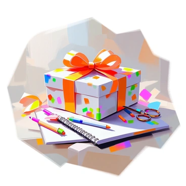 A beautifully wrapped gift box with colorful floral paper and a large, shiny ribbon sits prominently on a wooden table. The box is slightly open, revealing a collection of assorted stationery items inside. There are neatly arranged notebooks in various sizes, colorful gel pens, sticky notes in vibrant hues, and a small pair of scissors with a decorative design. The items are carefully placed to showcase their colors and textures, creating an inviting and cheerful display. A few ribbons and colorful bows are scattered around the box, adding to the festive atmosphere.