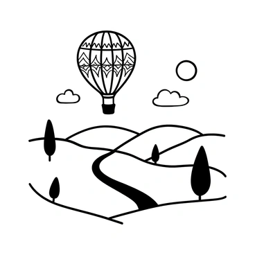 A hot air balloon with intricate patterns displayed prominently, rising above gently rolling hills. The hills are dotted with sparse trees and a winding path that leads into the distance. The sky is clear, indicating early morning, with a hint of a setting sun on the horizon. Soft, fluffy clouds are present, creating a tranquil atmosphere.