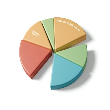 A 3D pie chart displaying segments in various colors to represent the distribution of different illustration rights and costs. Each segment is labeled with specific categories such as "Exclusive Rights," "Non-Exclusive Rights," "License Fees," and "Usage Costs." The pie chart is set against a light background to enhance visibility. The 3D effect gives depth to the segments, with shadows adding realism. Each segment varies in size according to its proportion in the overall distribution, creating a clear visual representation of the data.