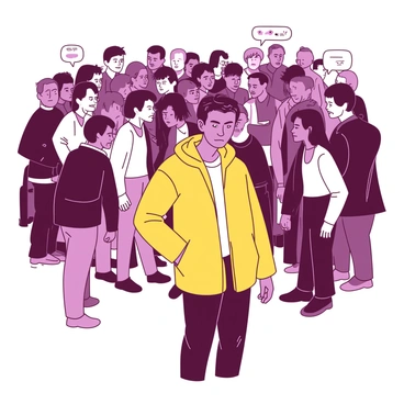 A person stands in a bustling crowd, looking slightly uneasy amidst the throng of people. The crowd is diverse, with some faces displaying warm, friendly expressions, while others are turned slightly away, whispering to one another with sly smiles. The person is wearing a bright yellow jacket, which contrasts with the muted colors of the surrounding crowd. The friendly faces are engaging in lively conversation, while the whispering individuals seem to be sharing secrets, their heads inclined toward each other. The overall atmosphere captures a mix of camaraderie and intrigue among the individuals present.