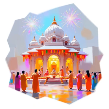 A postcard featuring a vibrant Indian temple adorned with an array of colorful lights and intricate decorations. The temple stands majestically with its ornate architecture, showcasing domes and spires. Surrounding the temple, festive garlands of marigold flowers and colorful banners are draped elegantly. People in traditional attire are gathered, some engaging in joyful conversations, while others are lighting oil lamps. The sky above is illuminated with fireworks, adding to the celebratory atmosphere. The rich hues of orange, red, and gold create a lively contrast against the temple's intricate designs.