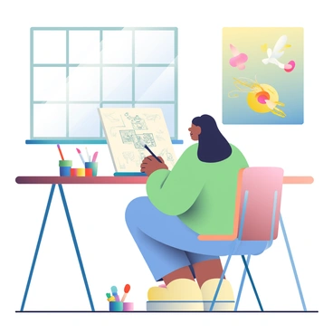 An illustrator with medium skin and long black hair is sitting at a large wooden table in a well-lit studio in Vancouver. She is focused on creating an intricate piece of art, using a variety of brushes in her right hand. The table is covered with colorful paints arranged in small containers, and she has a sketchbook opened in front of her displaying detailed drawings. A large window to her left allows natural light to flood the space, illuminating the artwork on the walls behind her. Scattered brushes and paint tubes are visible around her, showcasing her creative process.