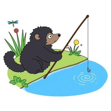 A small niffler with fluffy black fur and a long snout is sitting patiently on the edge of a sparkling blue pond. Its tiny beady eyes are focused with intent, and its little hands are gripping a miniature fishing rod made of twigs. The fishing rod has a small shiny hook dangling above the water's surface, causing gentle ripples. Surrounding the pond are vibrant green plants and colorful flowers. In the background, a few dragonflies flit about, adding to the whimsical scene. The niffler's furry tail curls around its body as it waits eagerly for a fish to bite.