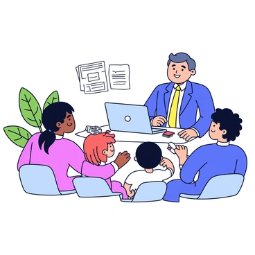 A banker sitting at a modern desk with a laptop open in front of them. The banker is wearing a formal suit and has a friendly expression. Next to the laptop, there are several neatly organized documents and a calculator. In front of the banker, a family consisting of two adults and two children is attentively listening. The family members are seated comfortably, with one adult taking notes on a notepad. A plant is positioned in the background, adding a touch of greenery to the setting.