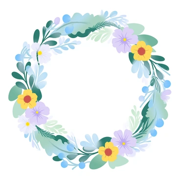 A circular floral wreath composed of various wildflowers, including daisies, bluebells, and buttercups. The flowers are arranged in a harmonious manner, with vibrant colors such as yellow, purple, and white. Interspersed among the flowers is an abundance of lush greenery, including ferns and ivy, adding texture and depth to the arrangement. The wreath is full and round, with the flowers and greenery overlapping slightly, creating a natural and organic look.