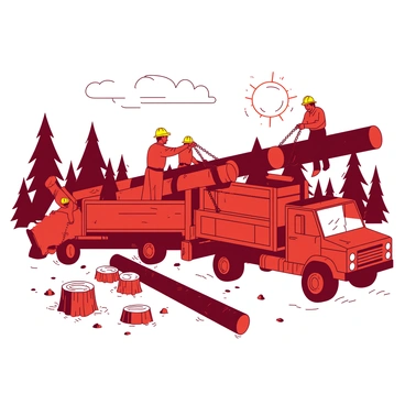 A red logging camp is bustling with activity as workers in yellow hard hats are loading large logs onto orange trucks. The workers are using chains and straps to secure the logs, showcasing their teamwork. In the background, there are numerous tree stumps scattered across the ground, indicating that the area has been recently logged. The sun is shining brightly, illuminating the scene of labor and productivity.