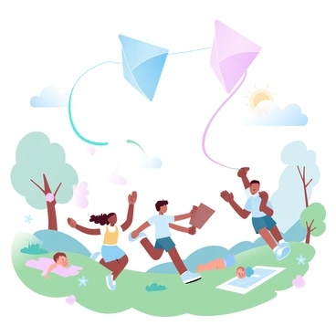 Children flying kites shaped like garlic bread in a sunny park
