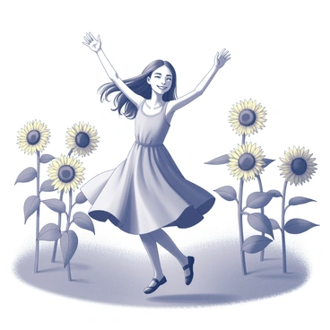 A girl is dancing joyfully in a field filled with sunflowers. She has long hair that flows with her movements. She is wearing a flowy sundress that sways with her as she twirls. The sunflowers stand tall all around her, their large faces turned towards the sun. The sky above is clear, creating a bright atmosphere for the scene. The girl's arms are raised, and her smile expresses pure happiness as she revels in the beauty of the moment.