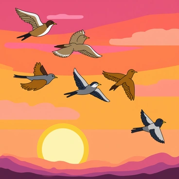 A flock of colorful birds flying in formation against a backdrop of a vibrant sunset sky. The sky is filled with shades of orange, pink, and purple as the sun sets on the horizon. The birds have a variety of feather patterns and colors, with some having long tails and others short. They are positioned in a V-shape, their wings spread wide as they glide effortlessly through the air, creating a dynamic and lively scene.
