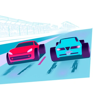 Two sleek drag racing cars in vibrant colors, one red and the other blue, are accelerating side by side on a smooth asphalt track. The rear tires of both cars are spinning furiously, leaving distinct, dark tire marks on the surface. The engines are roaring, creating a dynamic sense of speed. The front ends of the cars are slightly raised, showcasing their aerodynamic designs. Dust and small pebbles are being kicked up from the asphalt, highlighting the force of their acceleration. The background features a blurred audience and grandstands, emphasizing the intense atmosphere of the race.