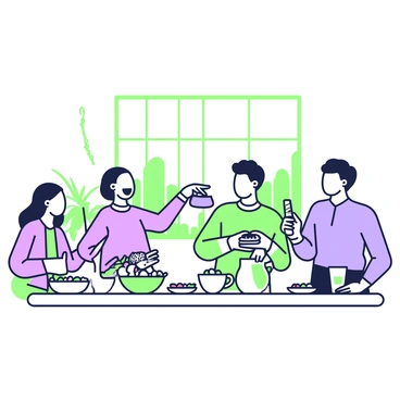 A group of employees is gathered around a large wooden table in a company cafeteria. They are engaged in conversation while enjoying their homemade lunches. One employee, a woman with long black hair, is laughing while holding a container filled with pasta. Next to her, a man with glasses is showing a sandwich to a colleague, pointing at it with a smile. A third employee, wearing a blue shirt, is pouring a drink into a cup. On the table, there are various containers of food, including salads and fruits, alongside a pitcher of water. In the background, large windows provide natural light, and a few plants are visible on the windowsill.
