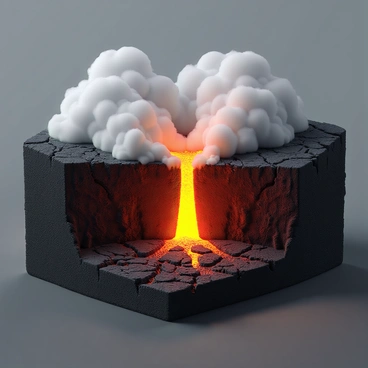 A geological depiction of a divergent boundary showing hotspot activity. In the center, molten lava is emerging from a fissure, glowing bright orange and red as it flows across the rocky terrain. Surrounding the lava, thick plumes of steam rise into the air, creating a misty atmosphere. The landscape is rugged, with jagged rock formations and cracks in the ground indicating tectonic activity. The sky above is a muted gray, reflecting the heat and energy of the scene.