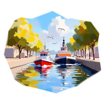 A small tugboat with a bright red hull is assisting a large barge as it navigates through a narrow canal. The tugboat is positioned at the bow of the barge, creating waves in the water. Tall green trees line the banks of the canal, and the sun casts shadows on the water's surface. The barge is loaded with cargo, and its size contrasts with the smaller tug. Seagulls can be seen flying overhead, adding liveliness to the scene. The sky is blue with a few fluffy white clouds.