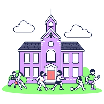 A classic brick schoolhouse with children playing outside during recess