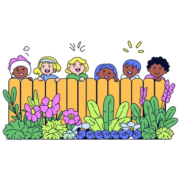 A lush garden filled with various vibrant green plants and colorful flowers. The garden is enclosed by a tall wooden fence with gaps between the slats. A few people are peeking through these gaps, each expressing curiosity and excitement. The sunlight is shining down, illuminating the scene and highlighting the rich colors of the plants and flowers.