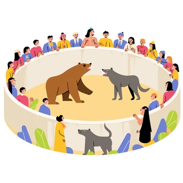 A circular pit with rough stone walls holds a variety of animals in a fierce competition. In the center, a large brown bear stands aggressively, facing off against a powerful gray wolf that is snarling. Surrounding the pit, a diverse crowd of onlookers, including humans and other animals, watch intently. The humans display expressions of excitement and anticipation, while some animals seem nervous. A few are perched on rocks, eagerly leaning forward to get a better view. The atmosphere is charged with energy as the animals prepare to engage in their primal battle.