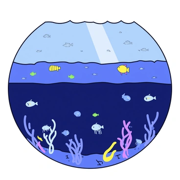 An underwater scene showing the ocean in distinct layers from the surface to the deep sea. The top layer features a clear, bright blue water with small waves and sun rays penetrating through. Below, the mid-water layer contains various fish swimming in schools, with light filtering down. The deep sea layer is darker, with deep blue tones and a rocky seabed. Bioluminescent creatures, such as glowing jellyfish and small fish, are scattered throughout this layer, illuminating the darkness. Seaweed can be seen gently swaying in the underwater currents.