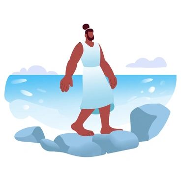 Maveli is standing on a rocky sea shore with his hands resting at his sides. He is wearing a flowing garment that gently flutters in the breeze. The rocks are rugged and uneven, with splashes of saltwater at their bases. The vast ocean stretches out before him, its surface reflecting gradient pastel colors that blend seamlessly into the sky. Soft waves are lapping gently against the shore, creating a rhythmic sound. In the background, hints of distant islands can be seen on the horizon, adding depth to the scene.