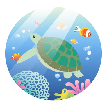 A tranquil underwater world is filled with vibrant blue water and sunlight filtering from the surface. Colorful fish, like orange clownfish and yellow angelfish, swim among coral reefs. A large sea turtle glides gracefully through the scene, its shell a mix of greens and browns. Various sea creatures, including a curious octopus and schools of small shimmering fish, are interacting playfully around intricate ahki patterns formed by the coral. The scene is alive with movement, as gentle currents create a peaceful atmosphere.