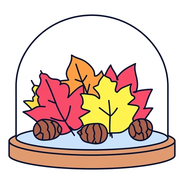 A round glass cloche resting on a wooden base. Inside the cloche is a vibrant arrangement of various autumn leaves in shades of red, orange, and yellow. Scattered among the leaves are several small pinecones, their brown scales textured and detailed. The arrangement is positioned neatly, showcasing the contrast between the colorful leaves and the earthy tones of the pinecones.