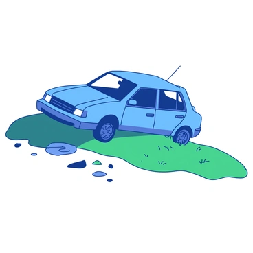 A blue car is parked at the top of a gentle slope, with its front slightly tilted downwards. The car's engine is off, and the rear wheels are beginning to lose grip on the surface. Below the car, there is a stretch of green grass that borders the incline, while small rocks are scattered along the edge of the slope. The sunlight casts soft shadows from the car onto the ground, highlighting the moment as the vehicle starts to roll forward slowly.