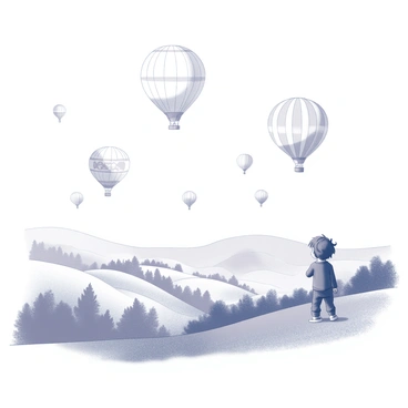 A child is standing on a hilltop with a slight breeze blowing through their hair. The child is gazing out towards the horizon, where an array of hot air balloons can be seen floating in the sky. Each balloon is distinct in shape and pattern, creating a lively scene above. The child appears small in comparison to the vast landscape that stretches out below, dotted with trees and rolling hills, while the sky above is filled with the soft outlines of the balloons. The atmosphere conveys a sense of wonder and exploration.