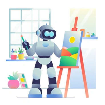 A friendly robot painting a colorful landscape on a canvas in a bright studio.