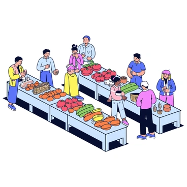 An outdoor market with several concrete stalls arranged in a row. Each stall features colorful displays of fresh produce, including bright red tomatoes, vibrant green cucumbers, and orange carrots. Other stalls showcase various handmade goods such as pottery, woven baskets, and handmade jewelry. Shoppers browse the stalls, some examining the fresh fruits and vegetables while others look at the handcrafted items. Sunlight shines down on the market, illuminating the scene and casting soft shadows.