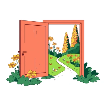 An orange door stands wide open, revealing a vibrant garden filled with blooming flowers in various shades of yellow. Lush green grass covers the ground, and several butterflies flutter around, adding movement to the scene. In the background, there are tall trees with clusters of yellow and orange leaves swaying gently in the breeze. The sunlight streams through the open door, illuminating the path that leads from the door into the garden, inviting exploration.