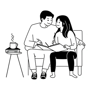 A couple sitting closely together on a comfortable couch, both focused on a large open journal resting on their laps. The man has short hair and is wearing a casual t-shirt and jeans, while the woman has long hair and is dressed in a cozy sweater and leggings. They are holding pens and writing, occasionally looking at each other with smiles as they share their thoughts. A few books and a steaming cup of tea are placed on a small table beside them, creating an atmosphere of intimacy and connection. The room is softly lit, enhancing the cozy environment they are in.