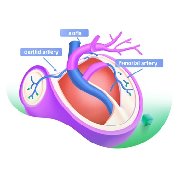 A close-up illustration of the human arterial system displaying "key arteries" in vibrant red and blue hues. The image features major arteries such as the "aorta," "carotid artery," and "femoral artery," clearly labeled in white text. Each artery is depicted with detailed textures and branching patterns, showcasing the complex network throughout the body. The background consists of a subtle gradient, enhancing the visibility of the arteries while maintaining focus on the intricate details of the arterial system.