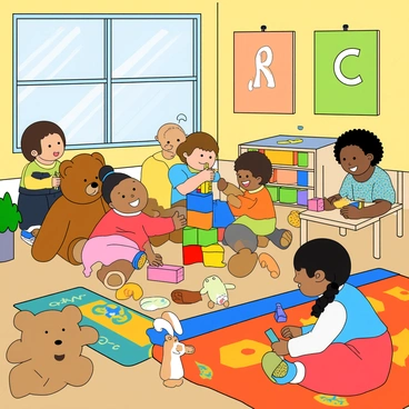 A bright and colorful kindergarten classroom filled with a variety of playful toys. There are several plush animals scattered around, including a large teddy bear and a small bunny. In one corner, a vibrant rug features shapes and letters, perfect for children to sit on. Groups of joyful kids with different skin tones and hairstyles are engaged in various activities. One child is building a tower with colorful blocks, while another is drawing with crayons at a small art table. Brightly colored posters of numbers and letters adorn the walls, enhancing the cheerful atmosphere. Sunlight streams through the windows, illuminating the room and making the colors pop.