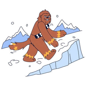 A tall Wookiee with brown fur and long hair climbs a snowy mountain. He has a determined expression on his face, showing focus and strength. The mountain is covered in thick white snow, with sharp rocky peaks visible in the background. Chewbacca's large hands grip the icy surface as he ascends, and snowflakes gently fall around him. His bandolier is visible across his chest, adding detail to his character.