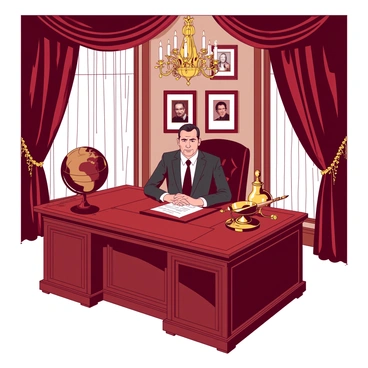 An opulent room features a notorious crime lord sitting behind a large mahogany desk. The desk is adorned with various luxury items, including a gleaming gold pen and an ornate, antique globe. Rich, dark red velvet curtains drape elegantly around the large windows, allowing soft light to filter into the room. A lavish chandelier hangs from the ceiling, casting a warm glow over the polished marble floor. The crime lord is dressed in a tailored black suit, exuding an air of power and authority. Behind him, there is a wall decorated with framed photographs and paintings that hint at his influential connections.