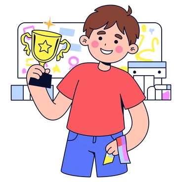 A young child with a big smile is proudly holding a shiny gold trophy. The trophy features intricate designs and is topped with a star. The child is wearing a bright red t-shirt and blue jeans, with short brown hair. The background shows a classroom setting with colorful drawings on the walls. In the child's other hand, there is a colorful ribbon, which adds to the celebratory mood.