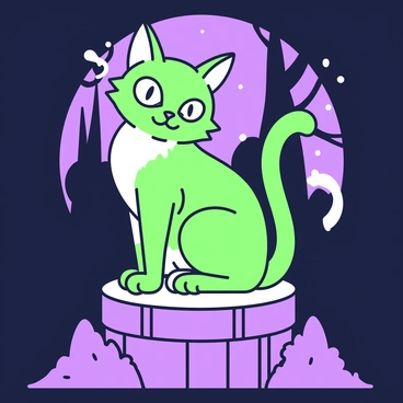 A mythical cat yokai is sitting gracefully on a stone pedestal. Its fur shimmers with an otherworldly glow, and it has striking "glowing eyes" that seem to pierce through the darkness. Ethereal wisps of mist swirl around its body, creating a mystical aura. The cat's ears are pointed and alert, while its tail gently flicks, adding to its enchanting presence. The background features a dark forest, with faint silhouettes of trees barely visible, enhancing the yokai's mysterious vibe.