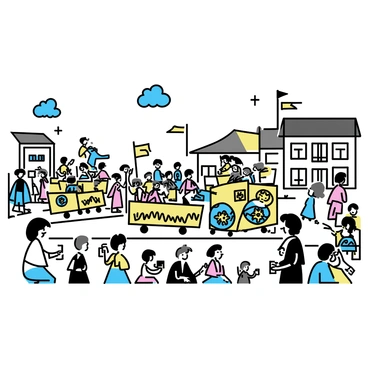 A colorful parade is moving through a town square filled with people. Various floats are decorated with intricate folk art designs, showcasing bright colors and patterns. The crowd is filled with cheerful spectators, some waving flags and others taking photos. Buildings in the background are adorned with banners. The sky above is clear with a few fluffy clouds.