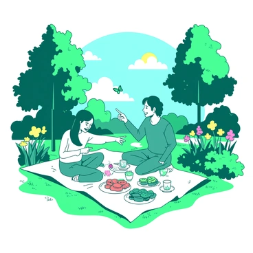 A teal family is sitting on a white picnic blanket spread out on the grass in a park. They are enjoying a variety of colorful fruits and sandwiches laid out on the blanket. Surrounding them are tall green trees with abundant leaves and various blooming flowers in shades of yellow and pink nearby. The family members are smiling and interacting, with a child pointing excitedly towards a butterfly fluttering close by. In the background, the sun is shining brightly, casting gentle shadows on the ground.