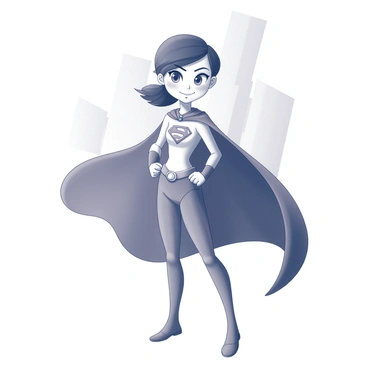 A cartoon girl stands in a confident pose, wearing a superhero costume that features a fitted top and form-fitting pants. The costume is adorned with a prominent emblem on her chest. She has a flowing cape that billows out behind her, creating a sense of movement. Her fists are clenched at her sides, and her stance is wide, conveying strength and determination. Her hair is styled in a way that it also flows with the motion of the cape. The background includes a simple urban skyline, enhancing the superhero theme.