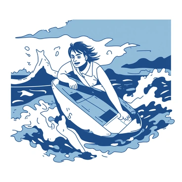 A small boat is overturned in choppy waters, with waves crashing around it. A sailor is clinging onto the hull of the boat, with an expression of determination on his face. The water is splashing up around him, creating a sense of urgency and chaos. In the background, dark clouds loom overhead, hinting at an approaching storm. The sailor’s clothing is soaked, and his hair is being whipped by the wind. The scene captures a moment of struggle against nature.