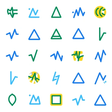 A grid pattern filled with various AC voltage symbols, each symbol distinctly outlined. The symbols include a sine wave, a triangle wave, and a square wave. Each symbol is represented in bold lines with clear details, and is colored in a vibrant palette of blue, green, and yellow. The grid itself has a subtle gray background to enhance the visibility of the symbols. Each symbol is evenly spaced and aligned, creating an organized and visually appealing layout.