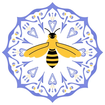 A mandala design featuring a prominent hornet shape at the center. The hornet is depicted with detailed stripes and wings, showcasing its distinct features. Surrounding the hornet, symmetrical patterns radiate outward, including floral motifs and geometric shapes that enhance the intricate design. Each section of the mandala is filled with various patterns, such as spirals and dots, creating a harmonious and balanced composition. The overall image emphasizes symmetry and the intricacy of the mandala style.