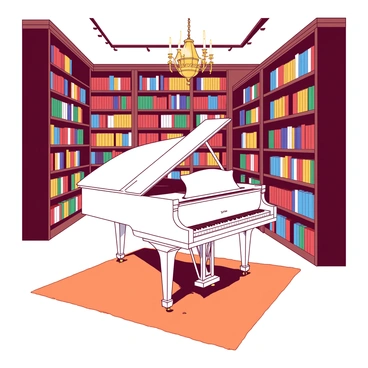 A grand library features tall bookshelves filled with colorful books lining the walls. In the center of the library, there is a polished white grand piano with elegant curves. The piano is open, and the lid is raised, revealing glossy black keys. Soft light from ornate chandeliers illuminates the space, creating a warm atmosphere. A plush orange carpet covers the floor around the piano, adding to the inviting ambiance of the library.