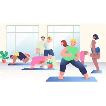 A group of five participants is engaged in a Pilates class within a spacious studio. Each person is stretching and balancing on a mat, showcasing various poses. One participant is performing a side plank, while another is in a seated forward bend. The instructor, standing at the front, is demonstrating a technique with a focused expression. Large windows line one wall, allowing natural light to stream in, illuminating the soft wooden floor. The walls are painted in a light pastel color, and a few potted plants are placed around the studio, adding a touch of greenery to the serene environment.