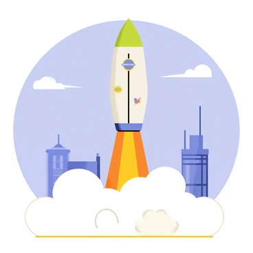 A large rocket standing tall on the launch pad at the Kennedy Space Center. The rocket is decorated with various colorful logos and markings. As the countdown reaches zero, bright orange and yellow flames burst from the rocket's engines, creating a dramatic fiery exhaust. Thick white smoke billows around the base of the rocket, mixing with the flame. In the background, the blue sky is clear, and a few scattered clouds can be seen, emphasizing the excitement of the launch. The iconic structures of the Space Center are visible, creating a recognizable setting for this powerful event.