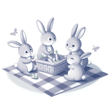 A group of cartoon bunnies is seated on a checkered picnic blanket spread out on the grass. Each bunny has distinct features, such as varying ear lengths and facial expressions. They are happily gathered around a woven picnic basket, which is open and filled with fresh carrots and radishes. Some bunnies are holding or nibbling on the vegetables, while others are chatting and enjoying the sunny day. Nearby, a couple of butterflies are fluttering, adding a lively touch to the scene.